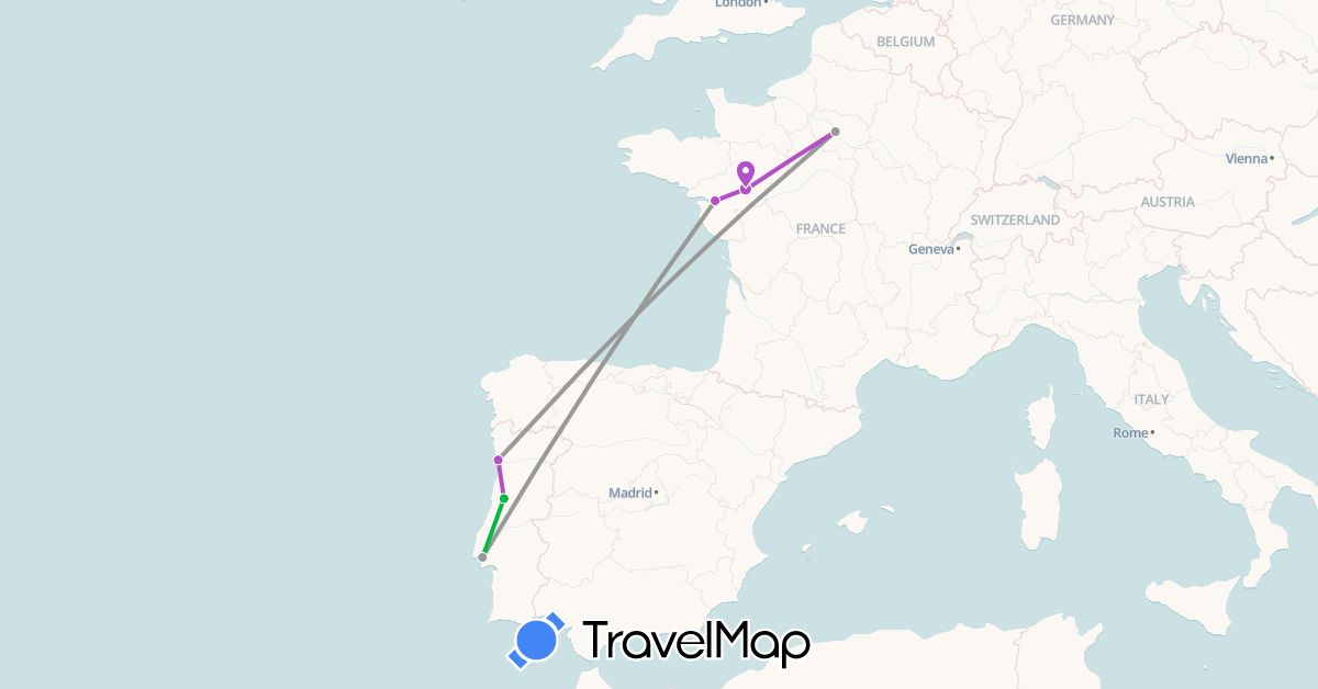 TravelMap itinerary: driving, bus, plane, train in France, Portugal (Europe)
